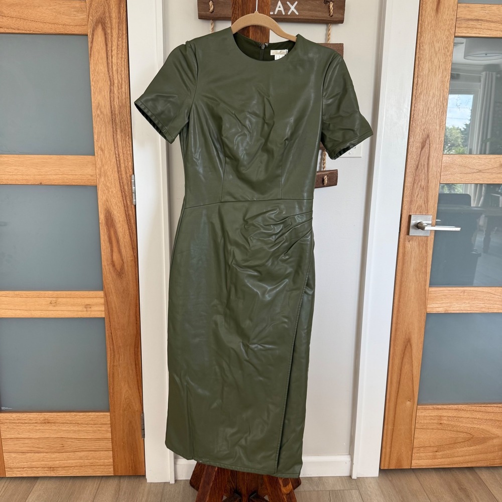 Shoshanna Rhea Vegan Leather Twist Faux Wrap Midi Dress Olive Green 2 Flaw GUC